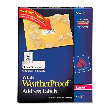 Avery Avery White Weatherproof Laser Shipping Labels, 1 x 2-5/8, 1500/Pack 5520